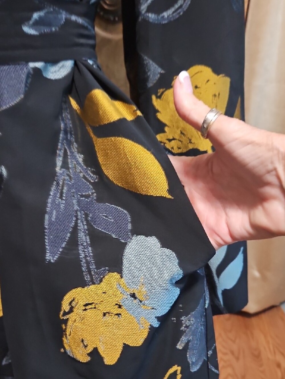 Chico's Stunning Black Trench Coat with Blue & Gold Floral Print - Picture 3 of 11
